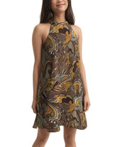 Ondas Halter Flare Dress featuring vintage-inspired abstract print in earth tones with mustard yellow and sage green swirls - A-line Summer Chic Retro - Blissfully Brand